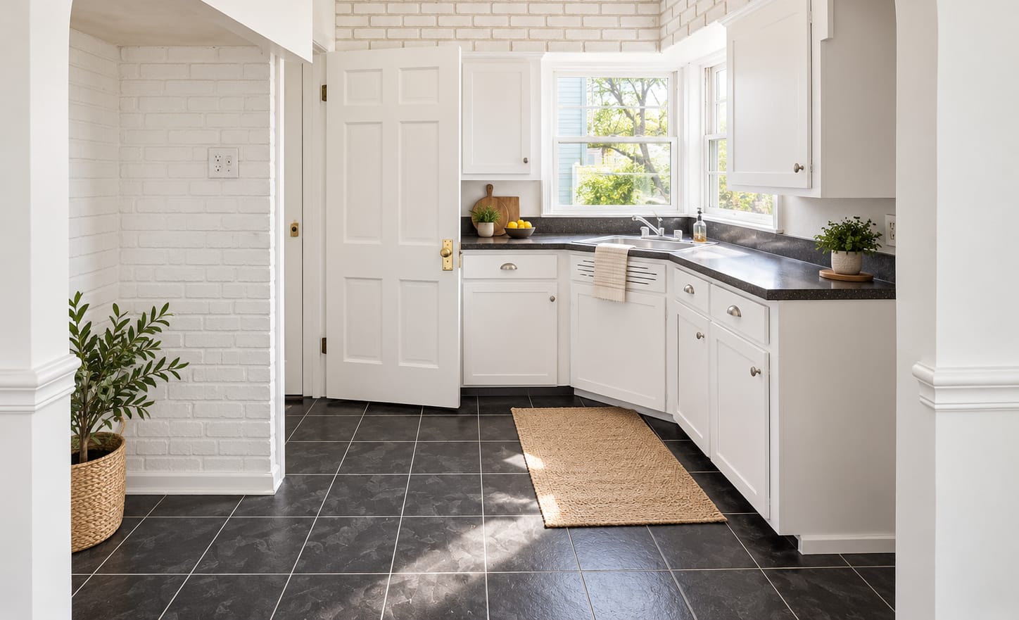 Modern kitchen with dark tiled floor and island seating